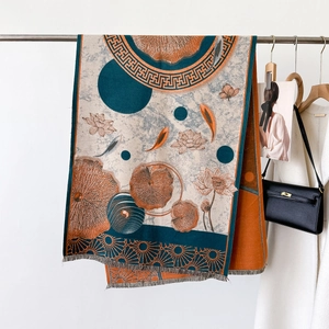 Winter floral shawl scarf featuring traditional lotus and koi fish patterns with fringe trim