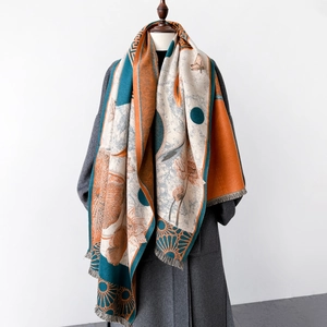 Winter Scarf Shawl Faux Cashmere Warm Thick Retro Chinese Style Lotus Floral Print Tassel Elegant Women Wrap