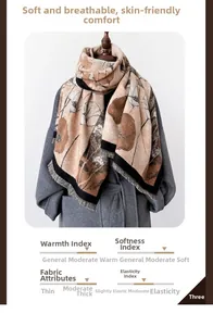 Close-up of thick beige floral scarf with vintage brown patterns and black tassels