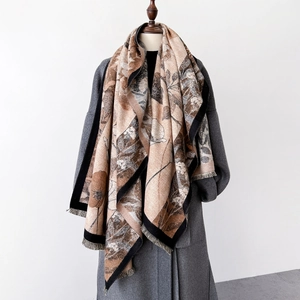 Floral Print Cashmere Like Long Scarf Thickened Warm Elegant Shawl With Tassels For Women Vintage Earth Tone