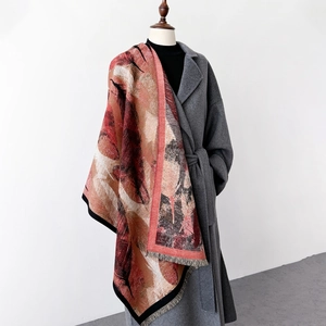 Thick warm shawl scarf with abstract oil painting print and elegant tassel fringe
