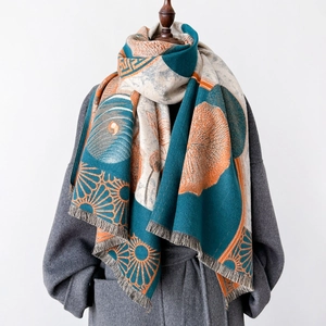 Retro floral print shawl in lake blue and orange with fringe tassels for winter wear