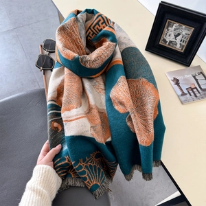 Elegant floral knit scarf with fringe in dark green, orange and beige colors