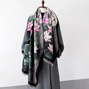 Sciarpa Elegante Da Donna Con Stampa Loto Imitazione Cashmere Grande Scialle Con Nappine Avvolgente Invernale Caldo