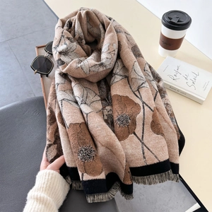 Elegant floral print shawl with fringe, thick warm beige and brown winter scarf for women