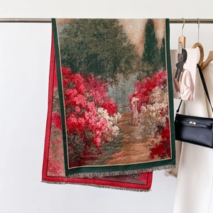 Dicker Vintage-Schal mit floralem Ölgemälde-Muster und Fransen am Metallbügel