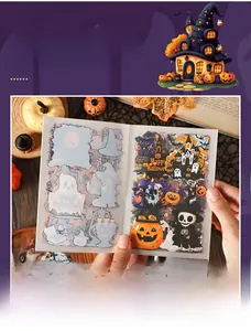 Detailed view of Halloween castle stickers with ghosts and pumpkins on a rustic wood desk