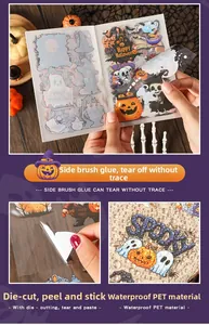 Detail of waterproof PET Halloween stickers with pumpkin and ghost motifs and die-cut design