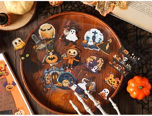Detailed view of Halloween theme stickers with ghost, pumpkin and castle motifs