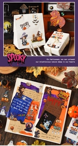 Halloween castle stickers showing pumpkin and ghost motifs on gift bags and journals