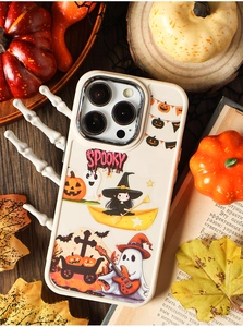Detailed view of the Halloween cartoon phone case with spooky art and pumpkins