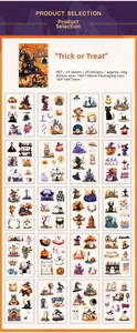 Detailed view of 20 unique PET stickers with classic Halloween castle and ghost motifs