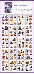 Detailed grid view of 20-piece Halloween PET stickers featuring ghosts and pumpkins