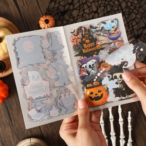 Halloween theme sticker set with pumpkin and ghost motifs on dark wooden background