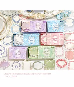 Detailed close-up of retro letterpress non-adhesive memo pads in four artistic colors