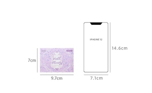 Violet Eternity floral scrapbooking paper sheets with size guide comparison against iPhone 12