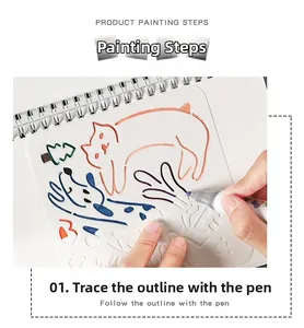 Close-up of hand drawing a dog silhouette using a white plastic stencil on a notebook