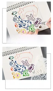 Detailed view showing animal drawing stencils used on paper with colorful markers