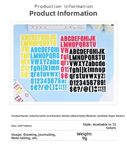 Détails d'autocollants alphabet colorés pour coques avec dimensions sur fond bleu
