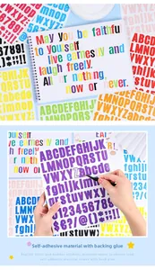 Détail d'autocollants lettres colorées appliqués sur un carnet avec une pince