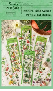 Detail of PET nature theme stickers showing floral and plant patterns for scrapbooking