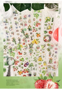 Detailed view of watercolor stickers with succulents and fruits for journaling art