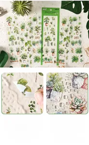 Detail of waterproof PET plant stickers with botanical motifs and easy-peel cutouts