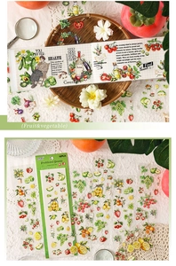 Detail of fruit and vegetable PET stickers with quotes on a creative planner layout