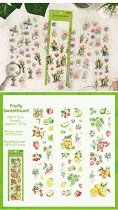 Detail of PET stickers featuring succulent and fruit designs with size specifications