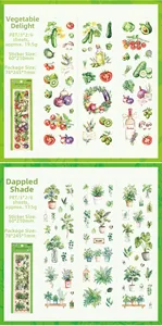 Detail of PET stickers showing watercolor vegetable and botanical designs for scrapbooking