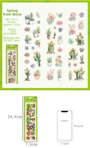Detailed PET succulent stickers size comparison with iPhone for scale and dimension