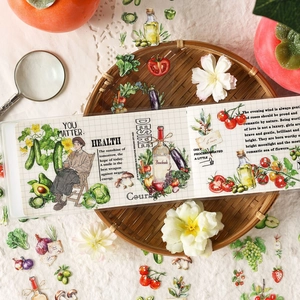 Artistic PET stickers set with hand-drawn vegetables and flowers on a bamboo tray