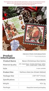 Vue détaillée du lot de 12 autocollants de Noël en PET et papier washi au design vintage
