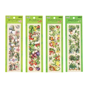 Watercolor PET stickers set with nature themes including succulents and fruits, 6 sheets per pack