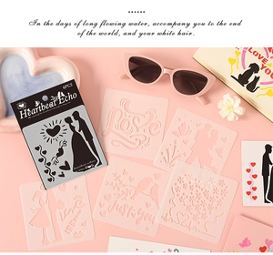 Detailed view of 6-piece PET heart-themed DIY painting stencils for romantic crafts