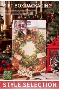 Sac cadeau de Noël avec couronne à l'aquarelle et étiquette festive du Père Noël