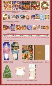 Liste détaillée du kit papeterie de Noël avec carnets, rubans et cartes thématiques