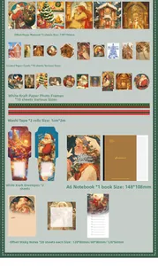Catalogue détaillé du kit papeterie de Noël rétro avec autocollants, cartes et carnets