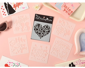 Set of 6 pink PET painting stencils with romantic heart and cupid patterns for DIY crafts