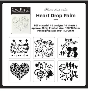 Set of 6 heart-themed PET stencils for DIY painting, each measuring 100x100mm in size