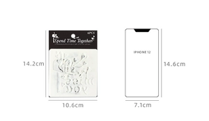 Detail view of 6-piece DIY romantic painting stencils with iPhone 12 size comparison