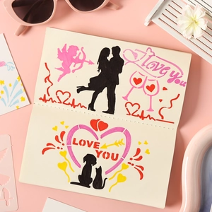 DIY painting stencil kit featuring romantic silhouettes for scrapbooking on pink background