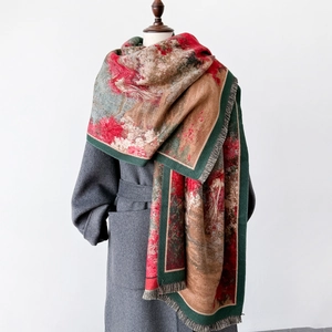 Winter Schal Stola Kaschmir-Imitation Dick Warm Ölgemälde Blumendruck Fransen Quasten Eleganter Umhang Für Damen