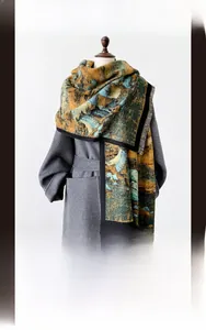 Detail of artistic landscape print on thick cashmere-like scarf with fringe edges