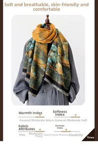 Detail of traditional landscape pattern on thick scarf with elegant fringe edges