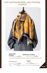 Detailed texture of thick winter scarf with artistic floral print and fine fringe edges
