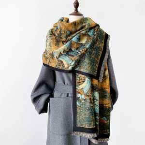 Women Winter Scarf Thick Faux Cashmere Artistic Chinese Landscape Painting Shawl With Fringe Elegant Warm