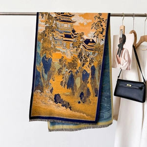 Chinese style winter digital print faux cashmere scarf with tassels in yellow and blue