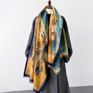 Women's Chinese Style Oil Painting Imitation Cashmere Scarf Thickened Warm Winter Shawl With Tassels Vintage Landscape Wrap