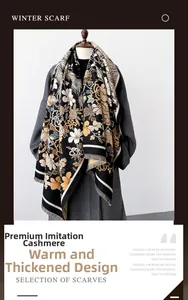 Close-up of thick imitation cashmere scarf featuring retro floral and bohemian patterns